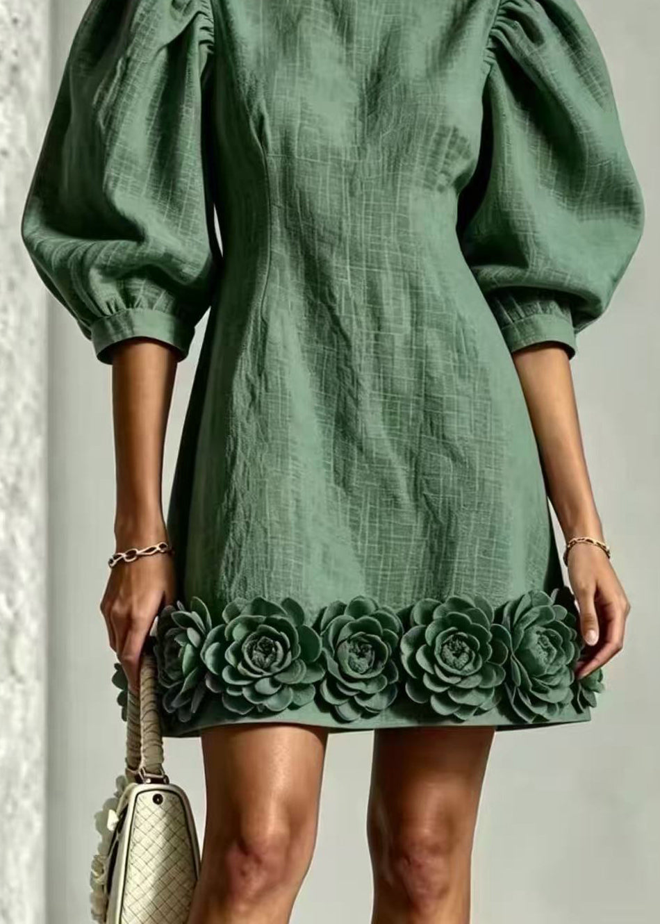 Elegant Green O-Neck Stereoscopic Floral Hem Dress Puff Sleeve
