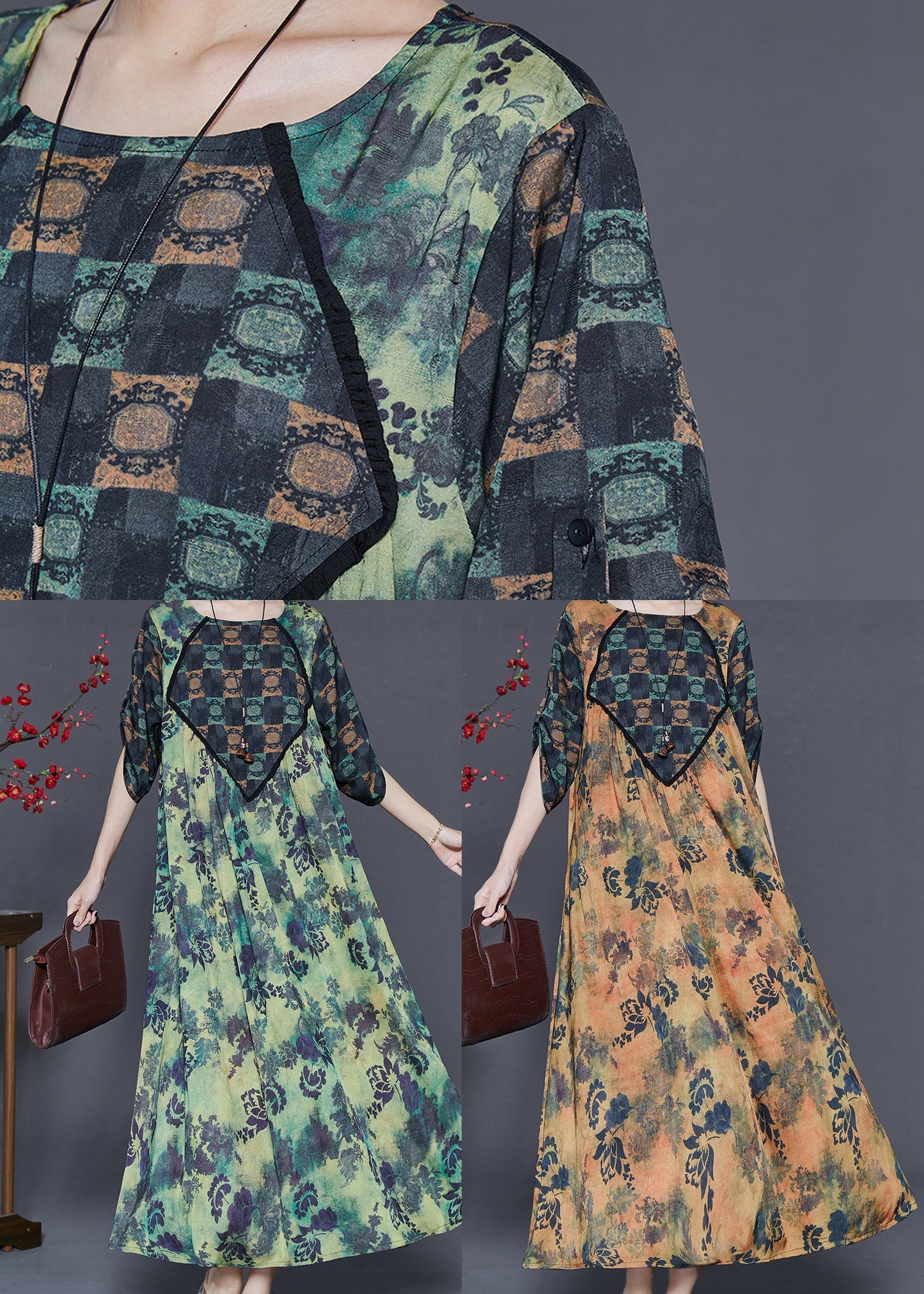Elegant Green Oversized Print Silk Dresses Spring
