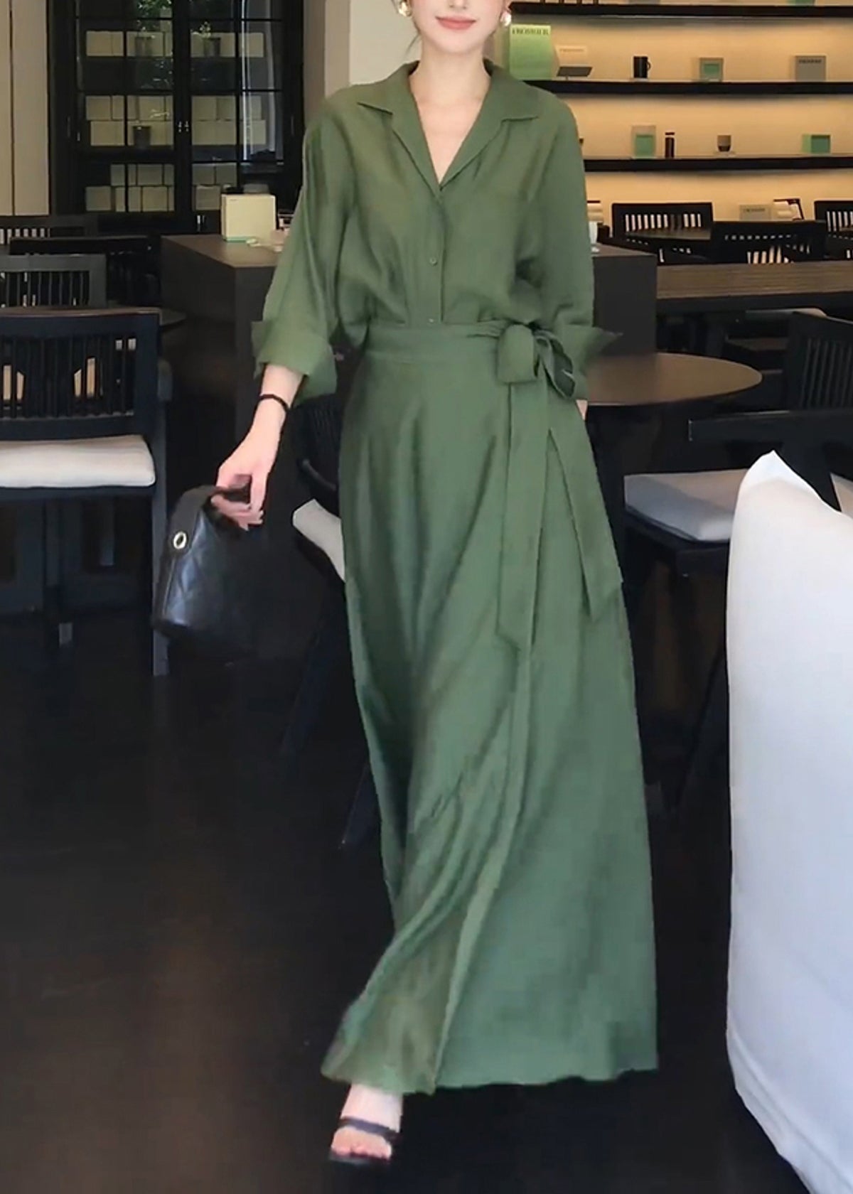 Elegant Green Peter Pan Collar Shirts And Skirts Cotton Two Pieces Set Spring