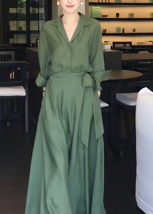 Elegant Green Peter Pan Collar Shirts And Skirts Cotton Two Pieces Set Spring