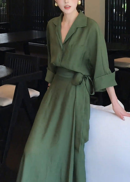 Elegant Green Peter Pan Collar Shirts And Skirts Cotton Two Pieces Set Spring