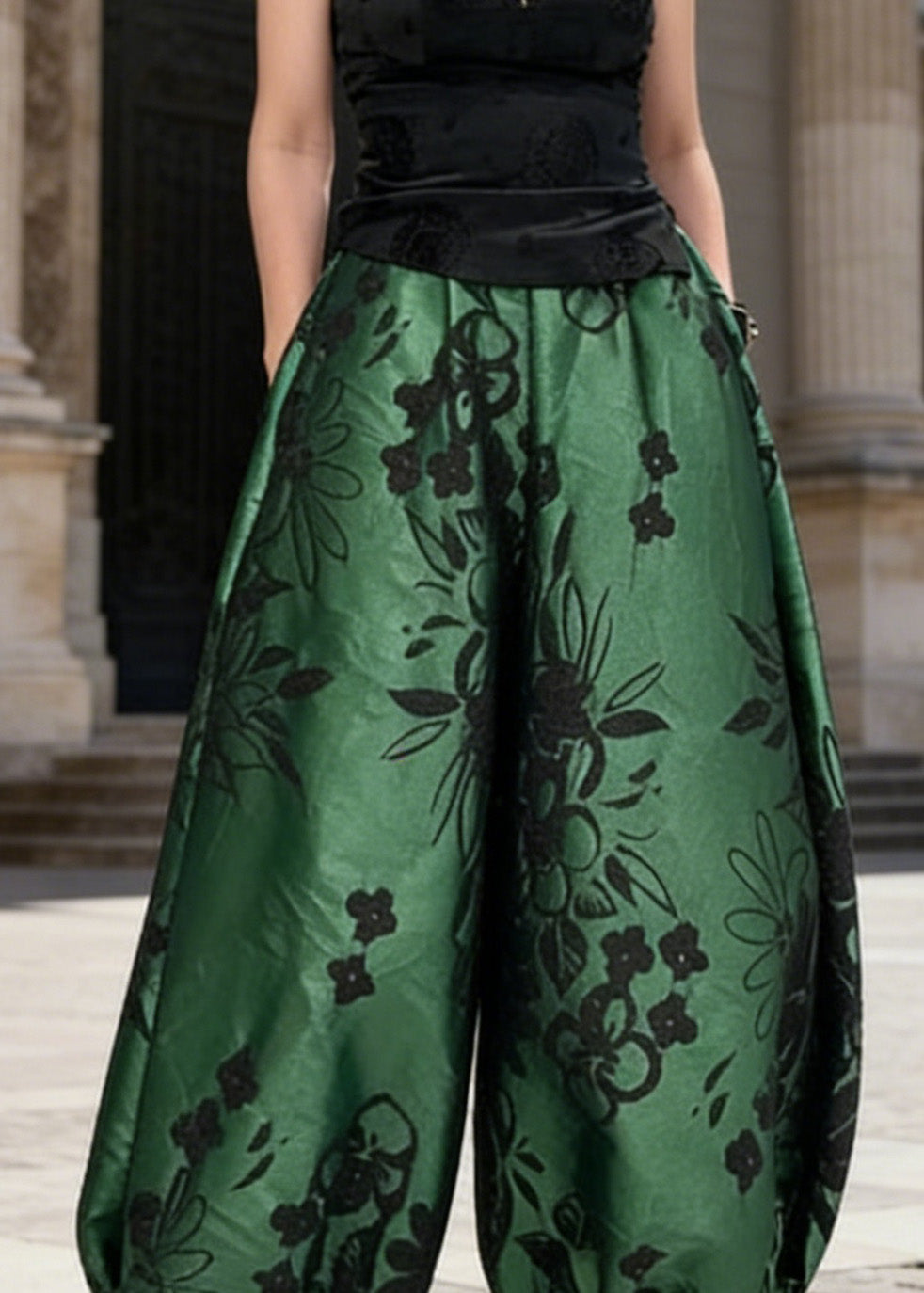 Elegant Green Pockets Print Silk Crop Lantern Pants Spring