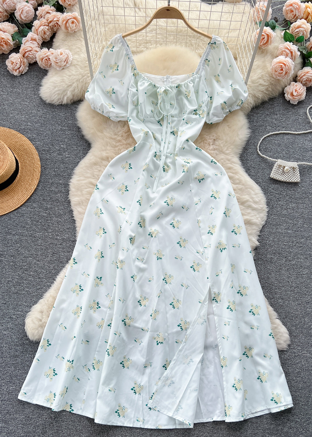 Elegant Green Print Lace Up Cotton Dresses Summer