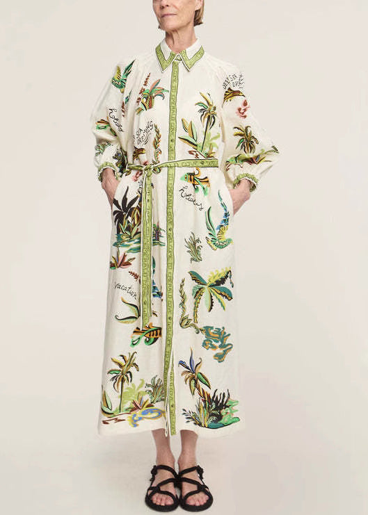 Elegant Green Print Pockets Tie Waist Linen Blouses Dresses Spring