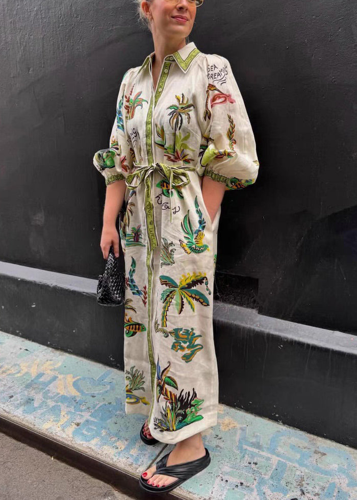 Elegant Green Print Pockets Tie Waist Linen Blouses Dresses Spring