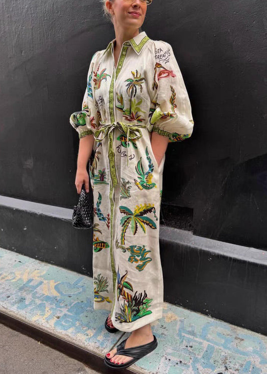 Elegant Green Print Pockets Tie Waist Linen Blouses Dresses Spring