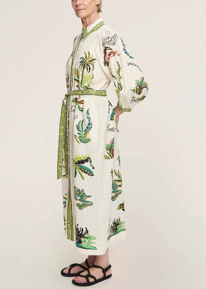 Elegant Green Print Pockets Tie Waist Linen Blouses Dresses Spring