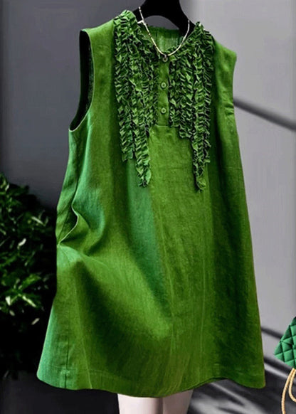 Elegant Green Ruffled Button Solid Cotton Mid Dress Sleeveless
