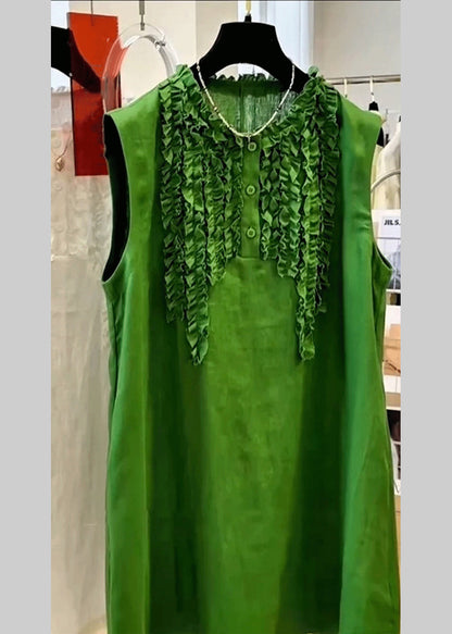 Elegant Green Ruffled Button Solid Cotton Mid Dress Sleeveless