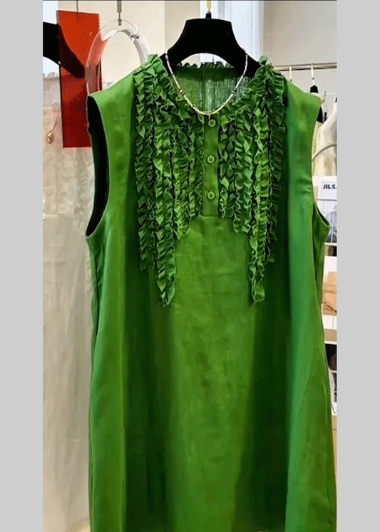 Elegant Green Ruffled Button Solid Cotton Mid Dress Sleeveless