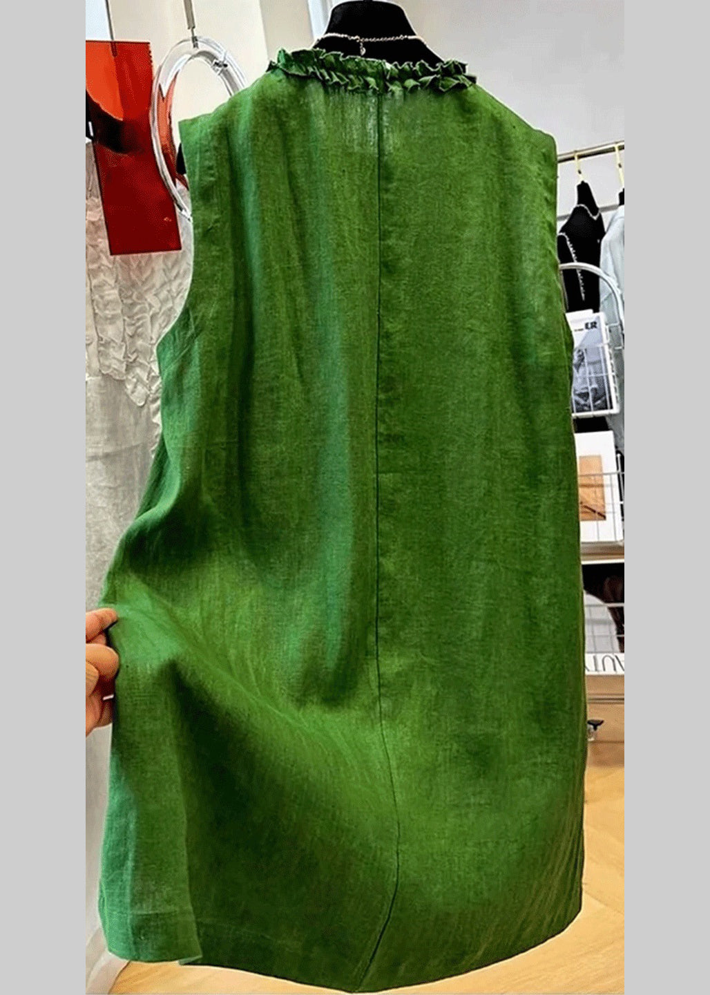 Elegant Green Ruffled Button Solid Cotton Mid Dress Sleeveless