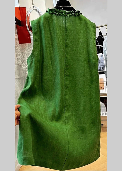 Elegant Green Ruffled Button Solid Cotton Mid Dress Sleeveless