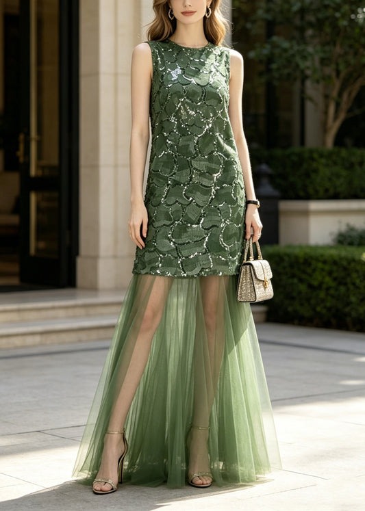 Elegant Green Sequins Patchwork Tulle Maxi Dress Sleeveless