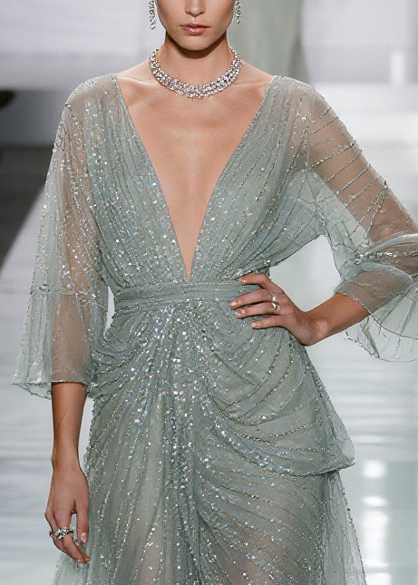 Elegant Green Sequins Side Open Tulle Long Dress Summer