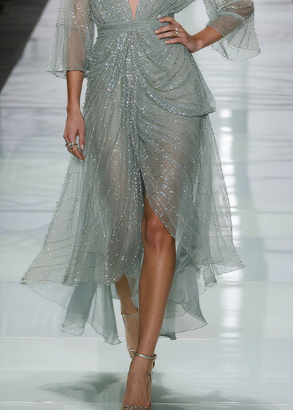 Elegant Green Sequins Side Open Tulle Long Dress Summer