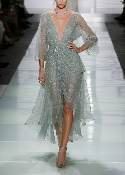 Elegant Green Sequins Side Open Tulle Long Dress Summer