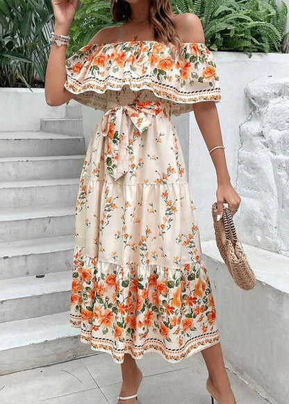 Elegant Green Slash Neck Print Cotton Long Dresses Summer