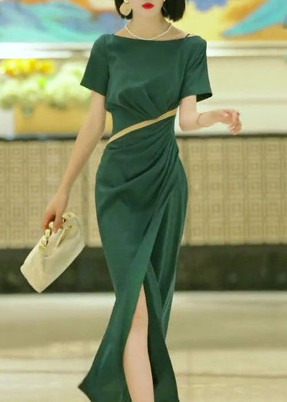Elegant Green Slash Neck Slim Fit Cotton Dress Summer