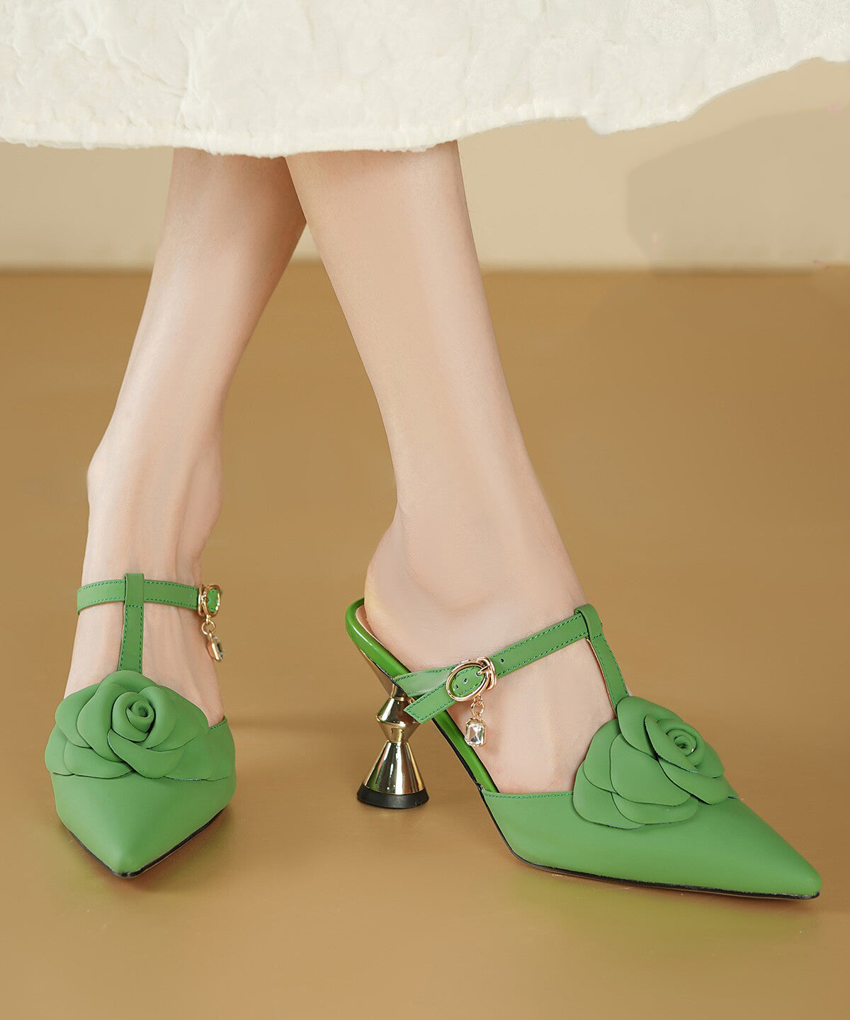 Elegant Green Splicing High Heel Slide Sandals Pointed Toe