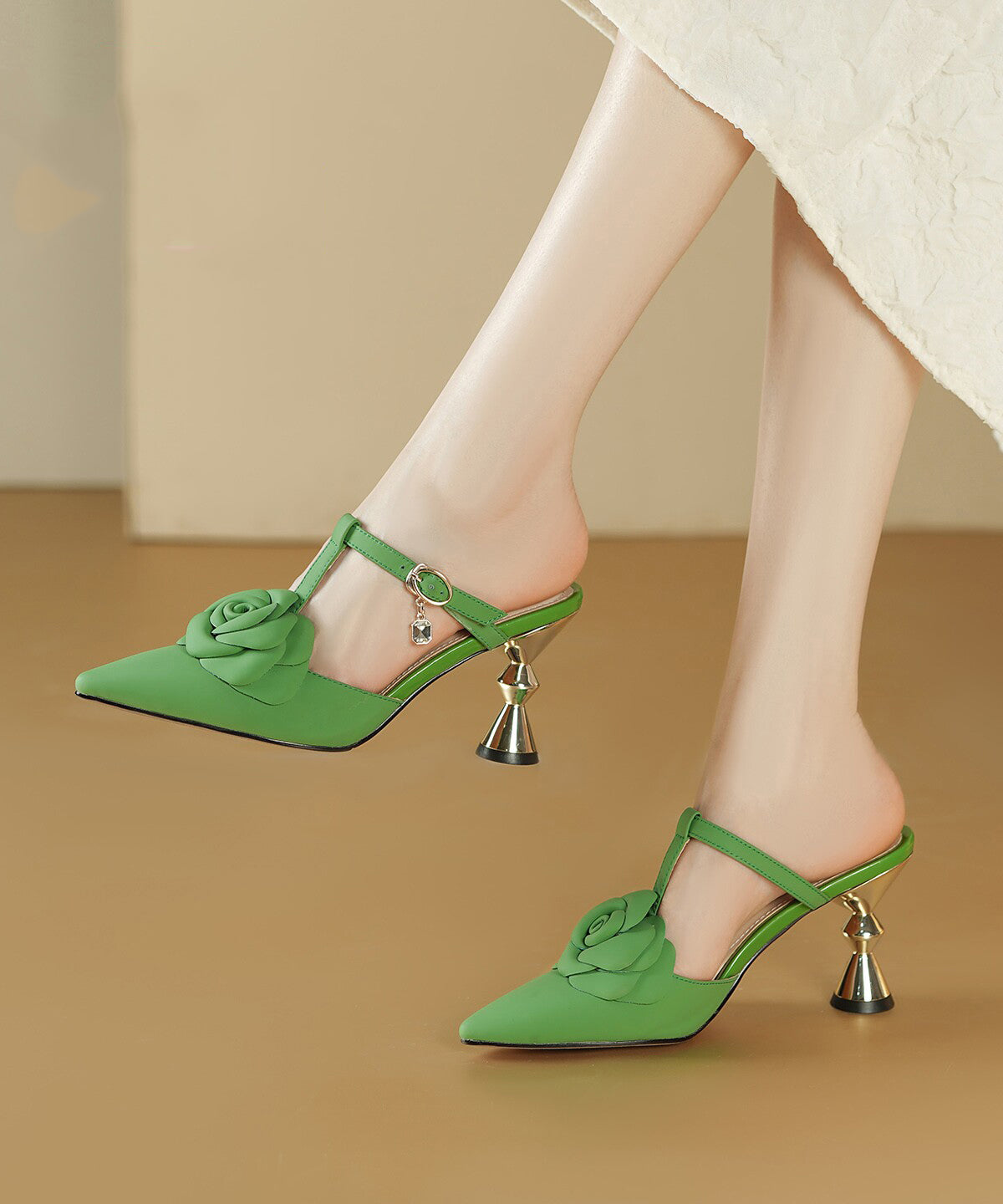Elegant Green Splicing High Heel Slide Sandals Pointed Toe