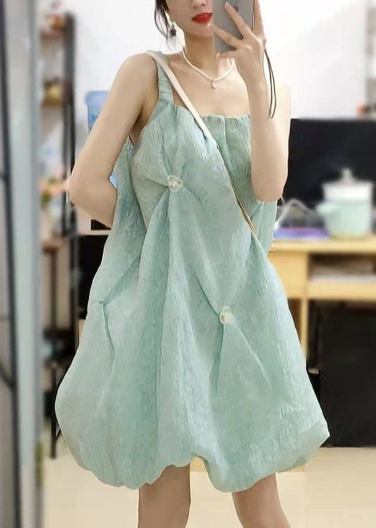 Elegant Green Square Collar Original Design Cotton Spaghetti Strap Dress Sleeveless