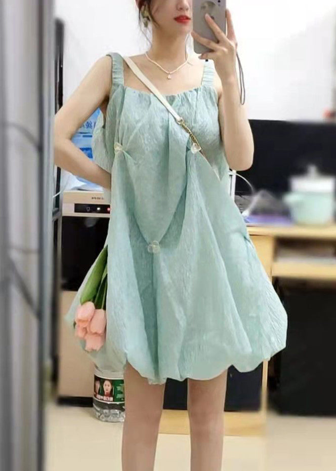 Elegant Green Square Collar Original Design Cotton Spaghetti Strap Dress Sleeveless