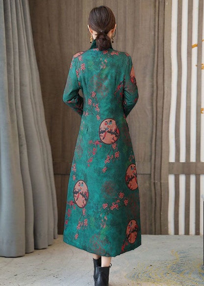 Elegant Green Stand Collar Chinese Style Print Fine Cotton Filled Coats Winter