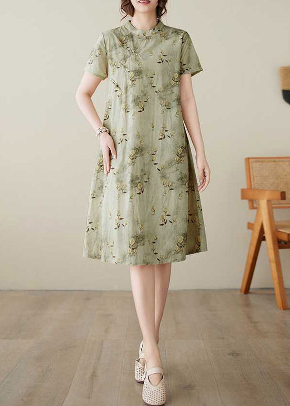 Elegant Green Stand Collar Print Button Cotton Dress Summer