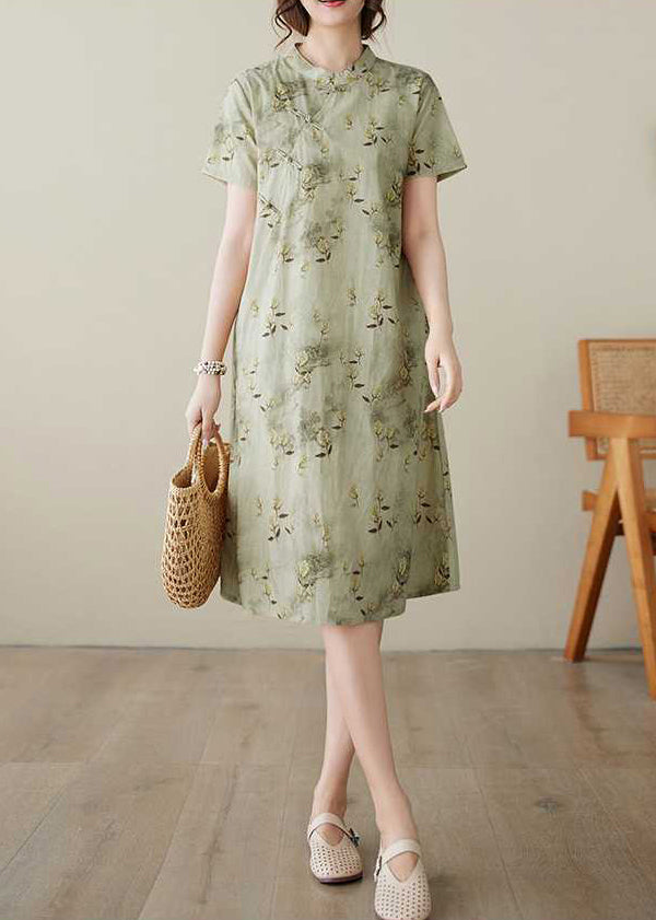 Elegant Green Stand Collar Print Button Cotton Dress Summer