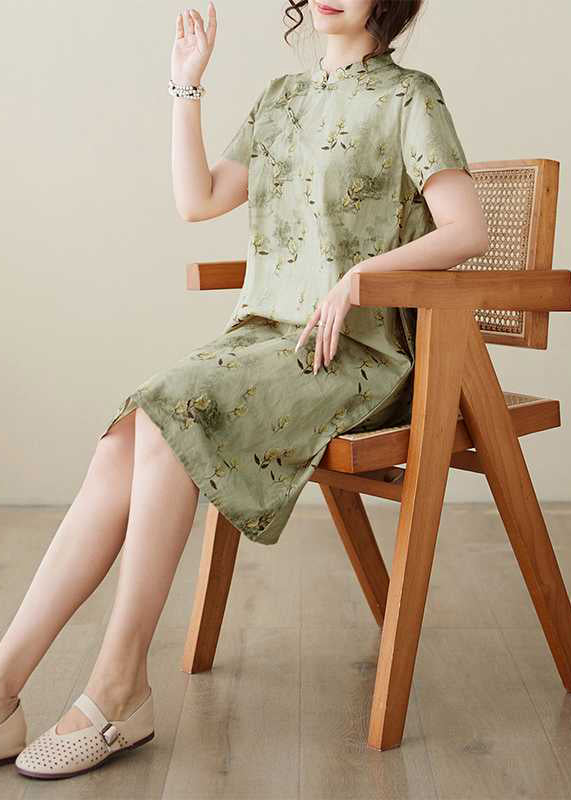 Elegant Green Stand Collar Print Button Cotton Dress Summer