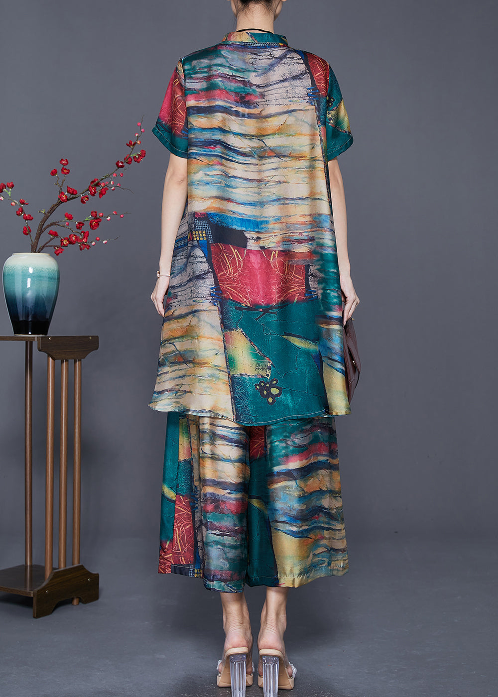 Elegant Green Stand Collar Tie Dye Silk 2 Piece Outfit Summer