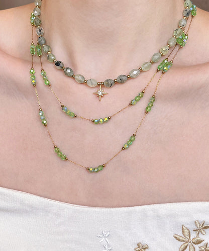 Elegant Green String Beads Layering Alloy Two Piece Set Necklace