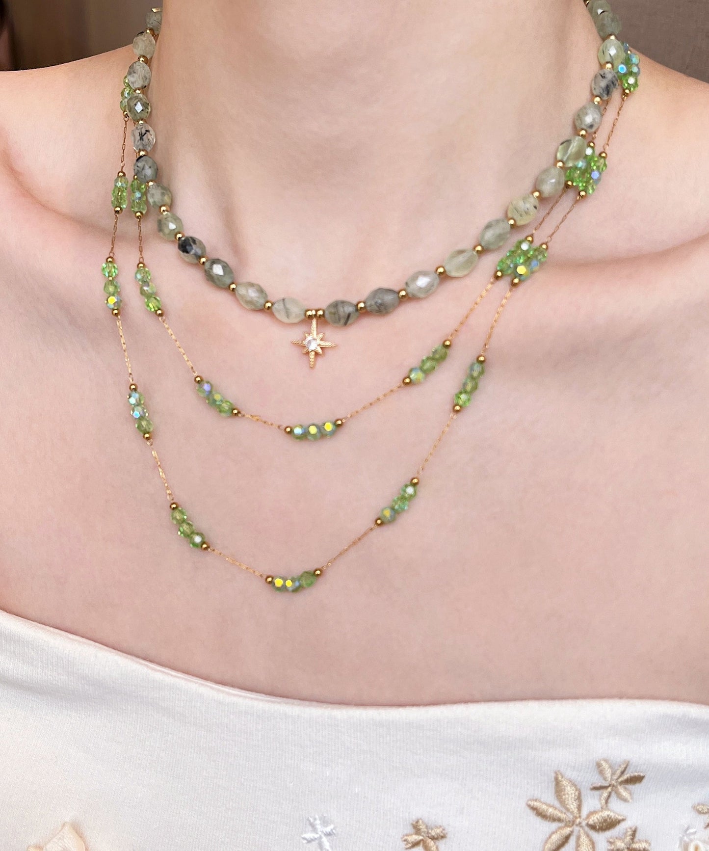 Elegant Green String Beads Layering Alloy Two Piece Set Necklace