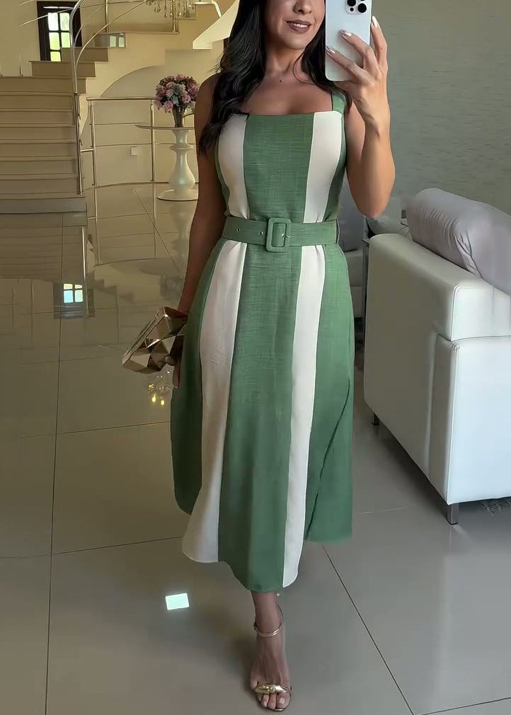 Elegant Green Tie Waist Patchwork Cotton Spaghetti Strap Dress Sleeveless
