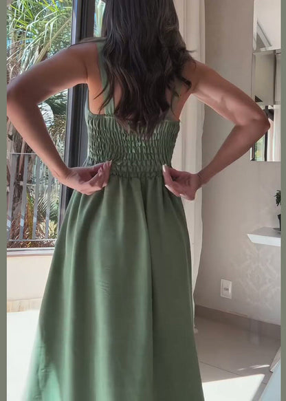 Elegant Green Tie Waist Patchwork Cotton Spaghetti Strap Dress Sleeveless