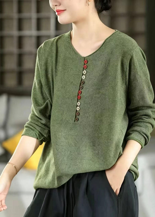 Elegant Green V Neck Buttons Knit Sweater Tops Winter