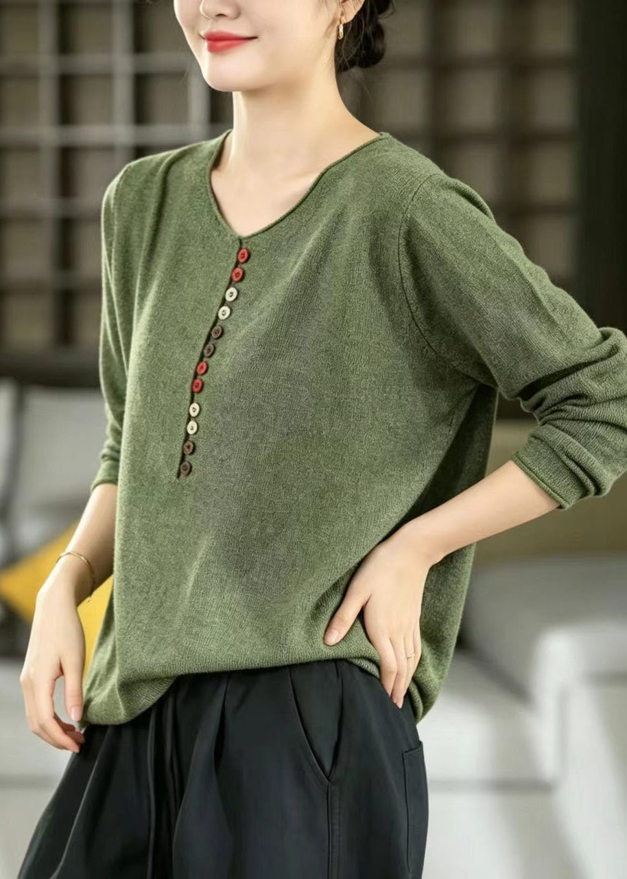 Elegant Green V Neck Buttons Knit Sweater Tops Winter