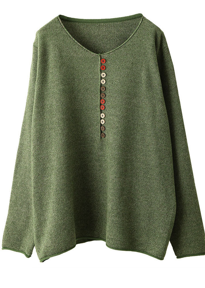 Elegant Green V Neck Buttons Knit Sweater Tops Winter