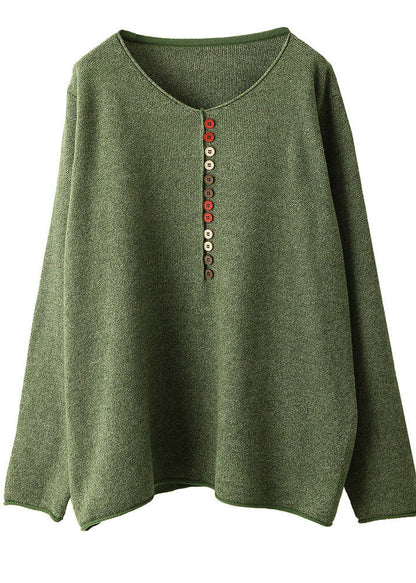 Elegant Green V Neck Buttons Knit Sweater Tops Winter