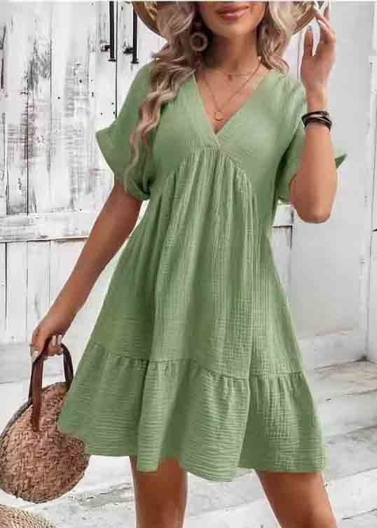 Elegant Green V Neck Cotton A Line Dresses Summer