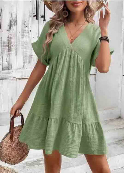 Elegant Green V Neck Cotton A Line Dresses Summer