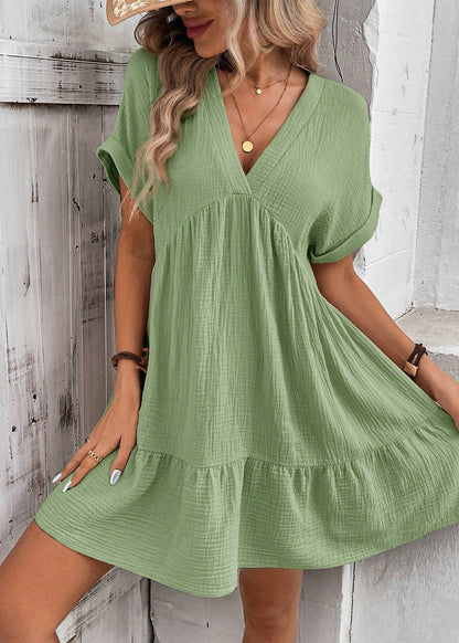 Elegant Green V Neck Cotton A Line Dresses Summer
