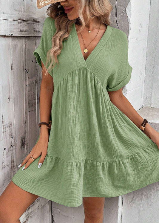 Elegant Green V Neck Cotton A Line Dresses Summer