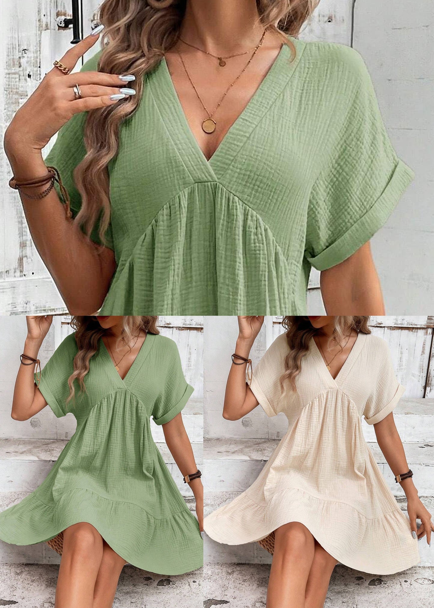 Elegant Green V Neck Cotton A Line Dresses Summer