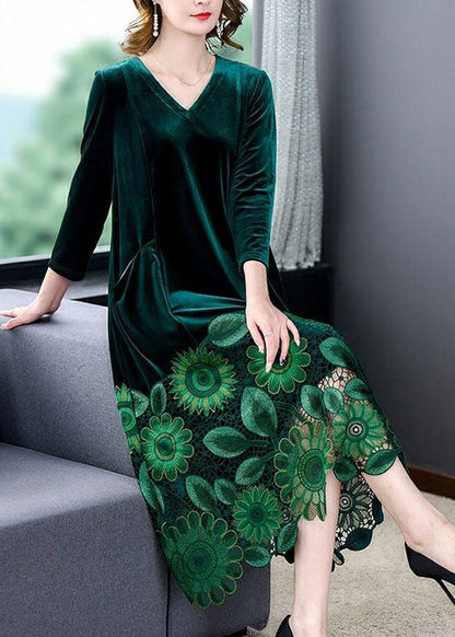 Elegant Green V Neck Print Patchwork Silk Velour Dresses Spring
