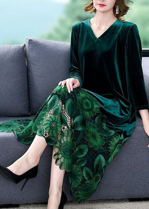 Elegant Green V Neck Print Patchwork Silk Velour Dresses Spring