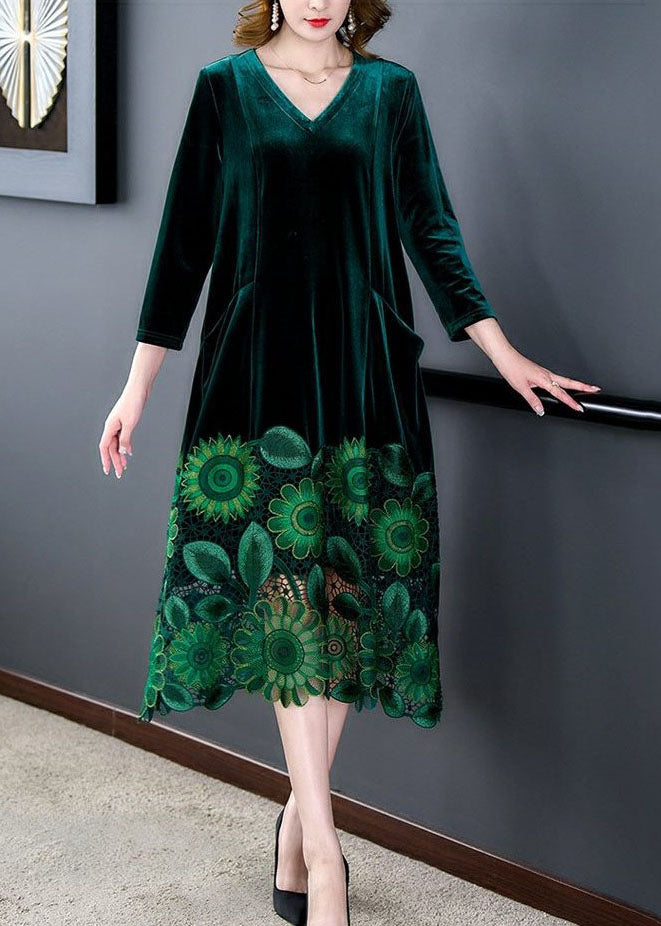 Elegant Green V Neck Print Patchwork Silk Velour Dresses Spring