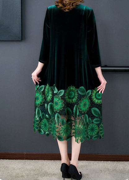 Elegant Green V Neck Print Patchwork Silk Velour Dresses Spring