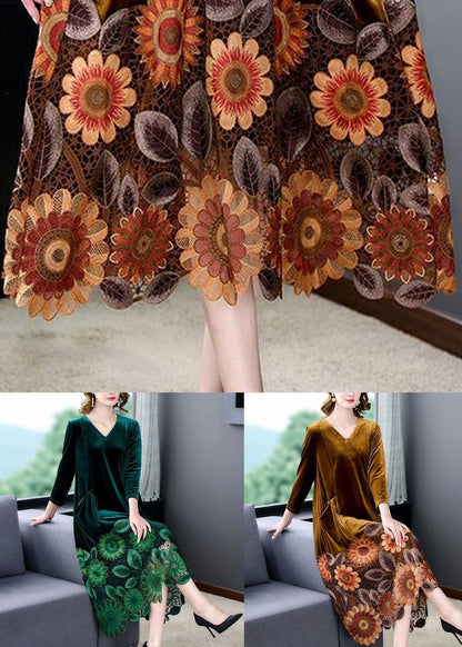 Elegant Green V Neck Print Patchwork Silk Velour Dresses Spring