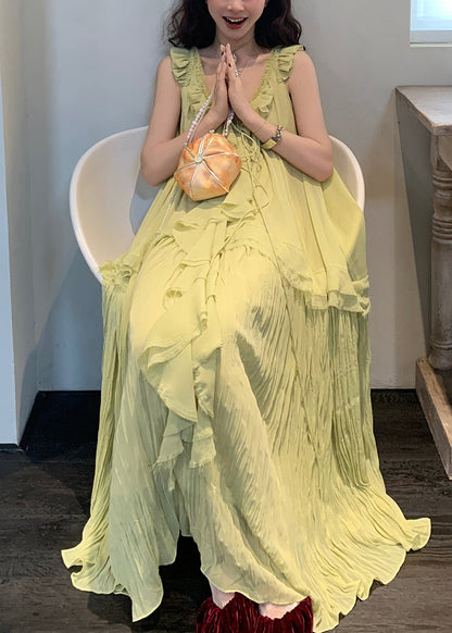 Elegant Green V Neck Lace Up Wrinkled Chiffon Long Dress Sleeveless